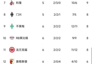 德甲总积分榜排名